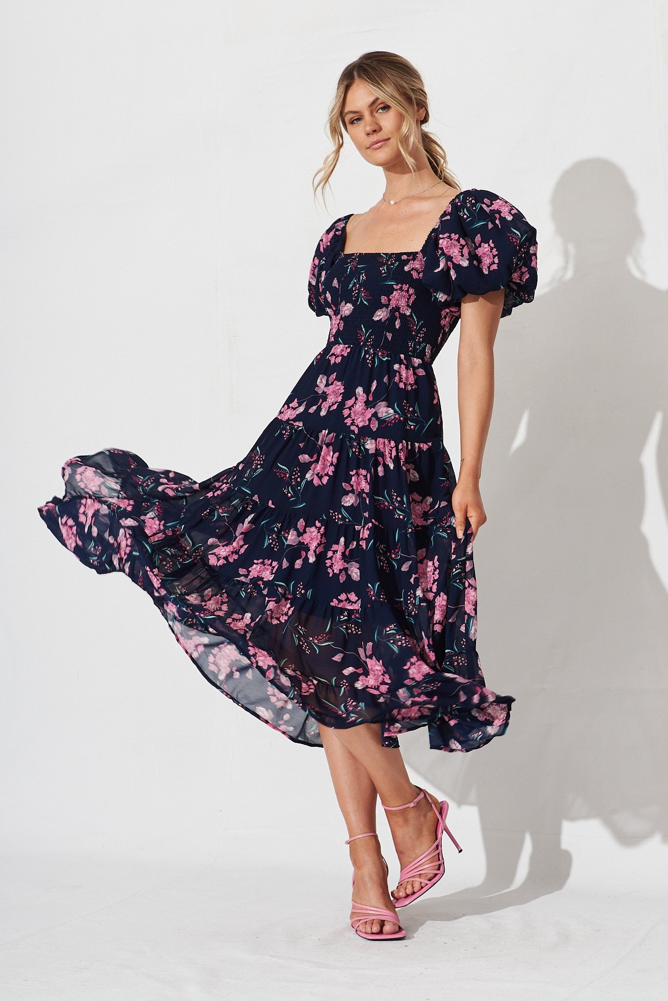 Kaitlyn Midi Dress In Navy With Pink Floral - full length