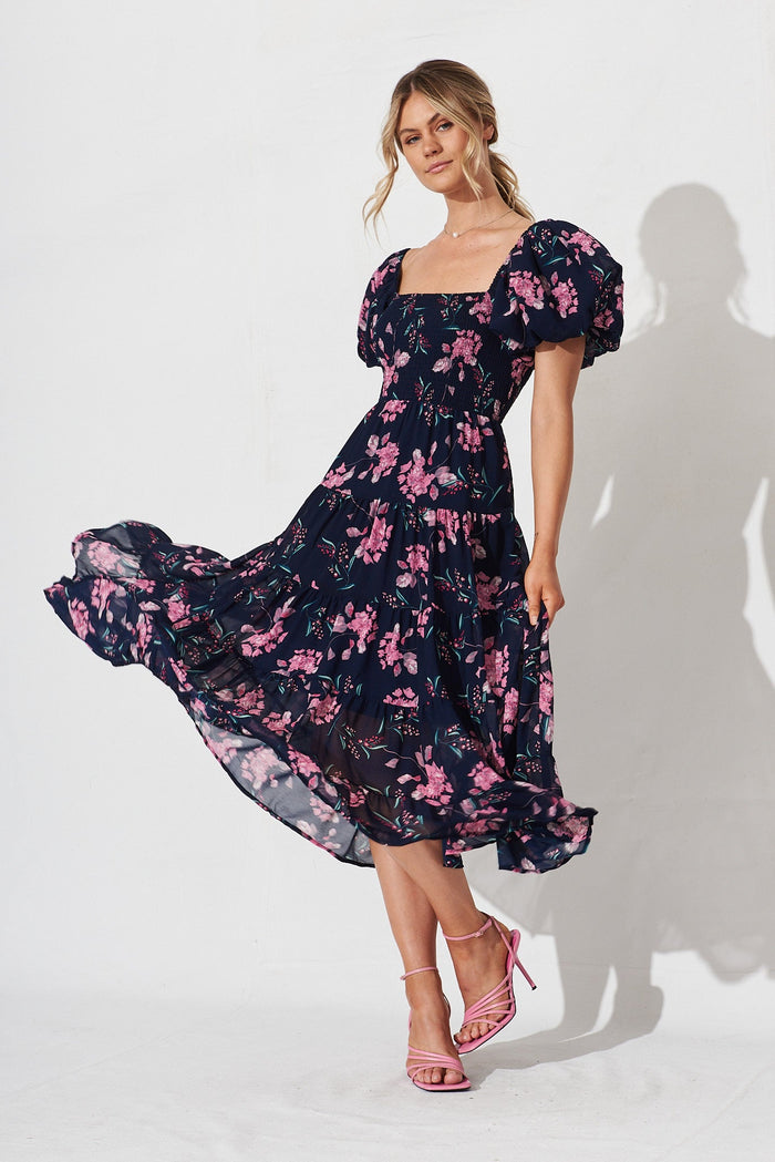 Kaitlyn Midi Dress In Navy With Pink Floral - full length