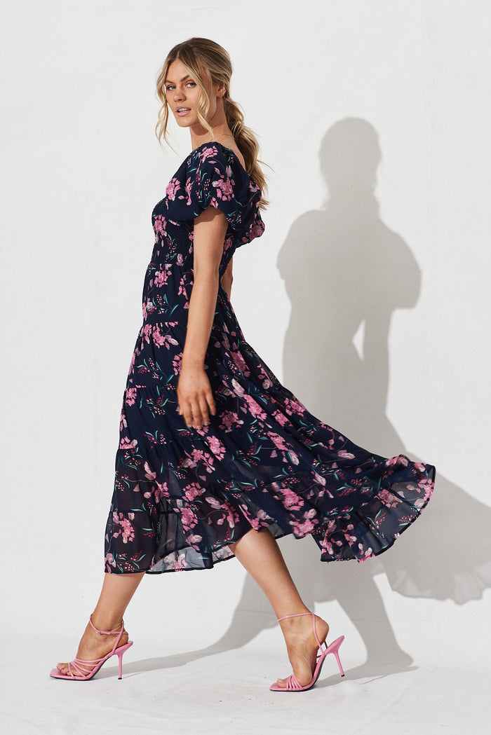 Kaitlyn Midi Dress In Navy With Pink Floral - side