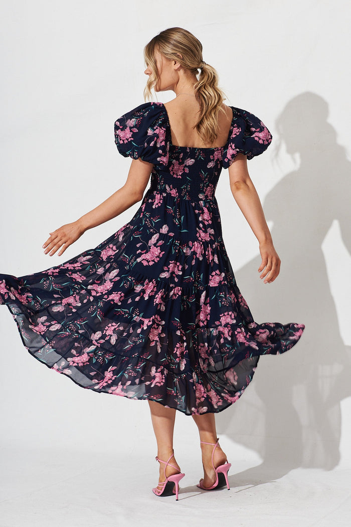 Kaitlyn Midi Dress In Navy With Pink Floral - back