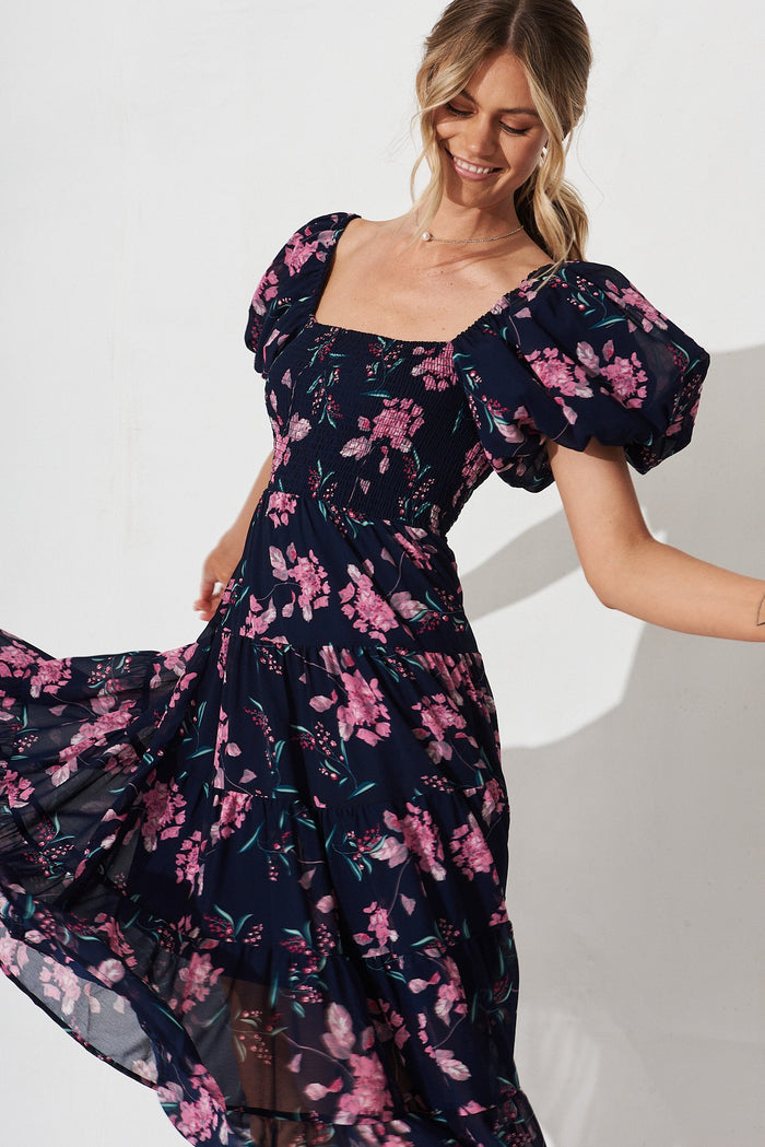 Kaitlyn Midi Dress In Navy With Pink Floral - front