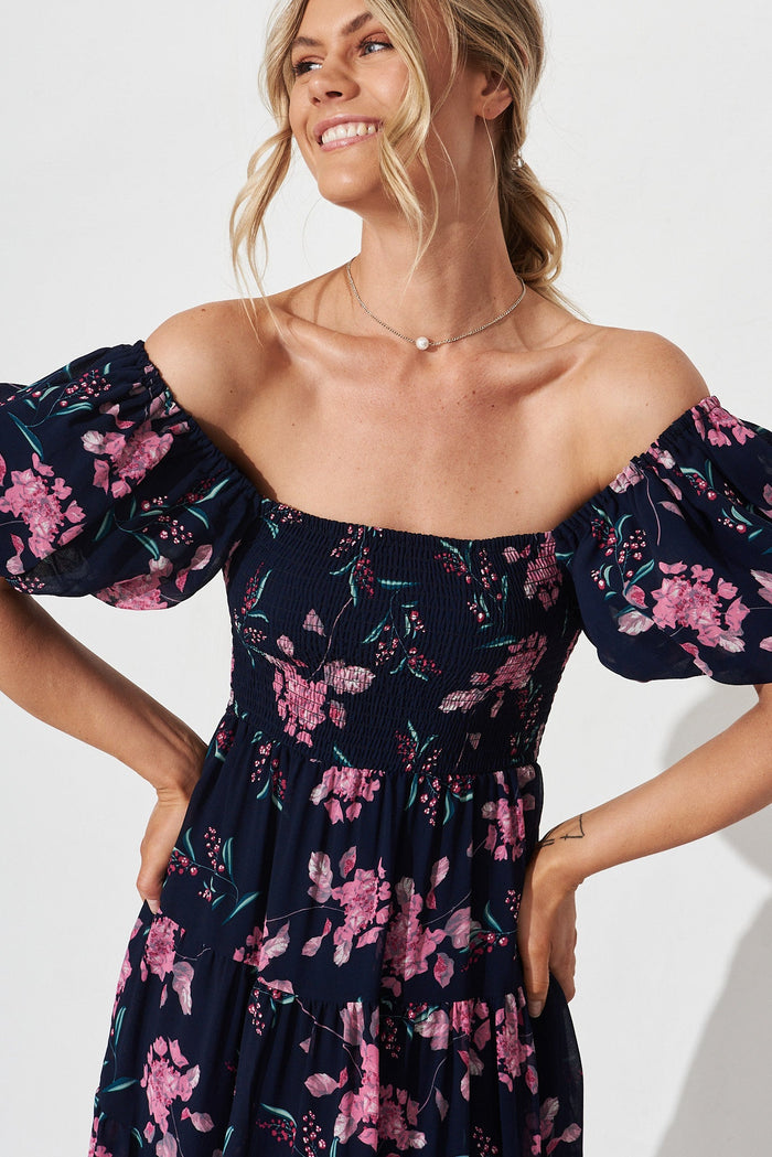 Kaitlyn Midi Dress In Navy With Pink Floral - detail