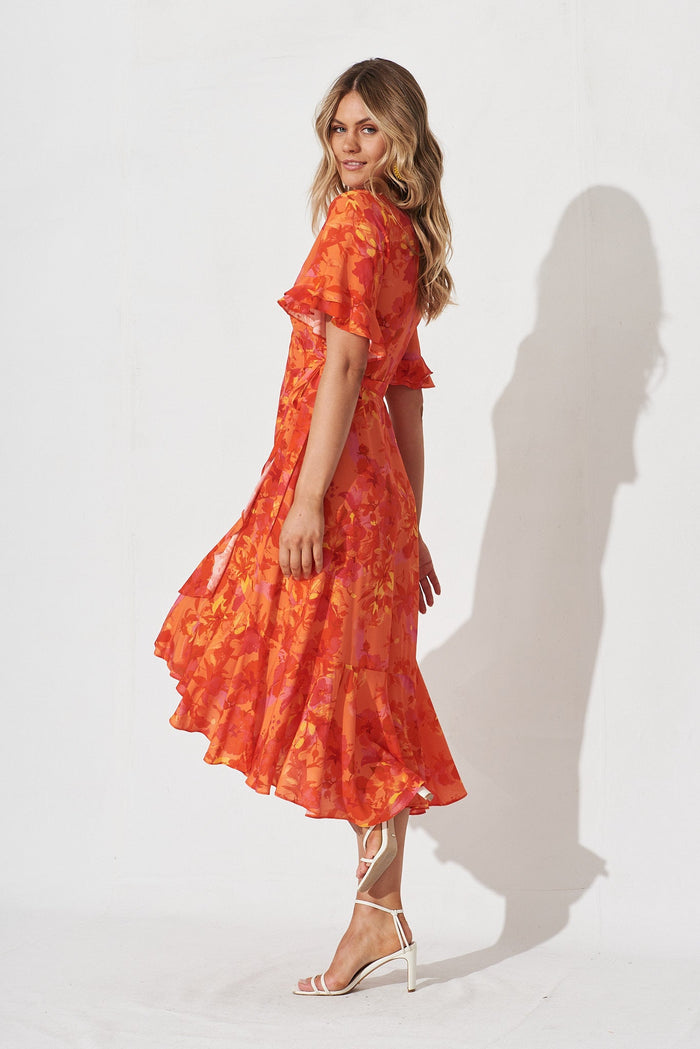 Felicidad Midi Wrap Dress In Red And Coral Floral - side