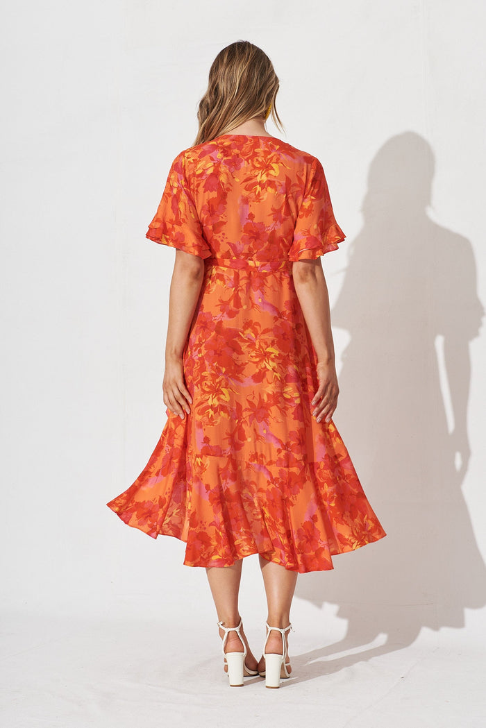 Felicidad Midi Wrap Dress In Red And Coral Floral - back
