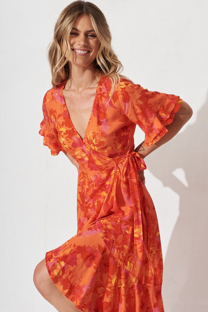 Felicidad Midi Wrap Dress In Red And Coral Floral - front