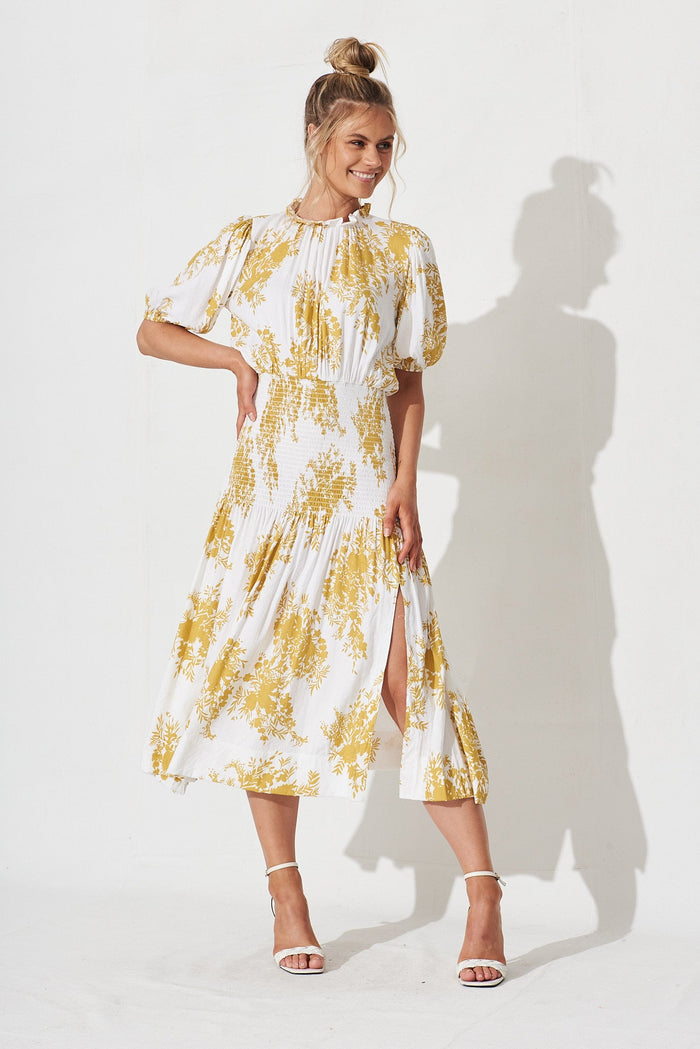 Madona Midi Dress In White With Mustard Floral - full length