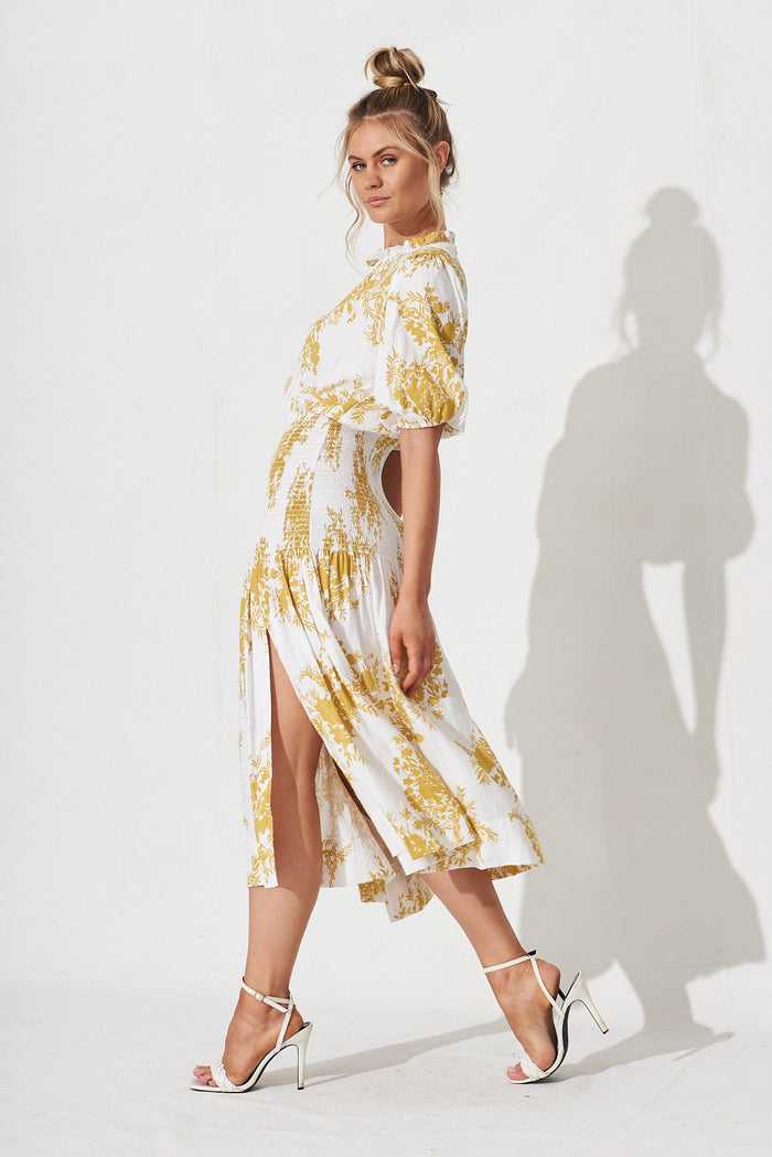 Madona Midi Dress In White With Mustard Floral - side