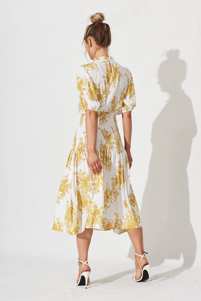 Madona Midi Dress In White With Mustard Floral - back