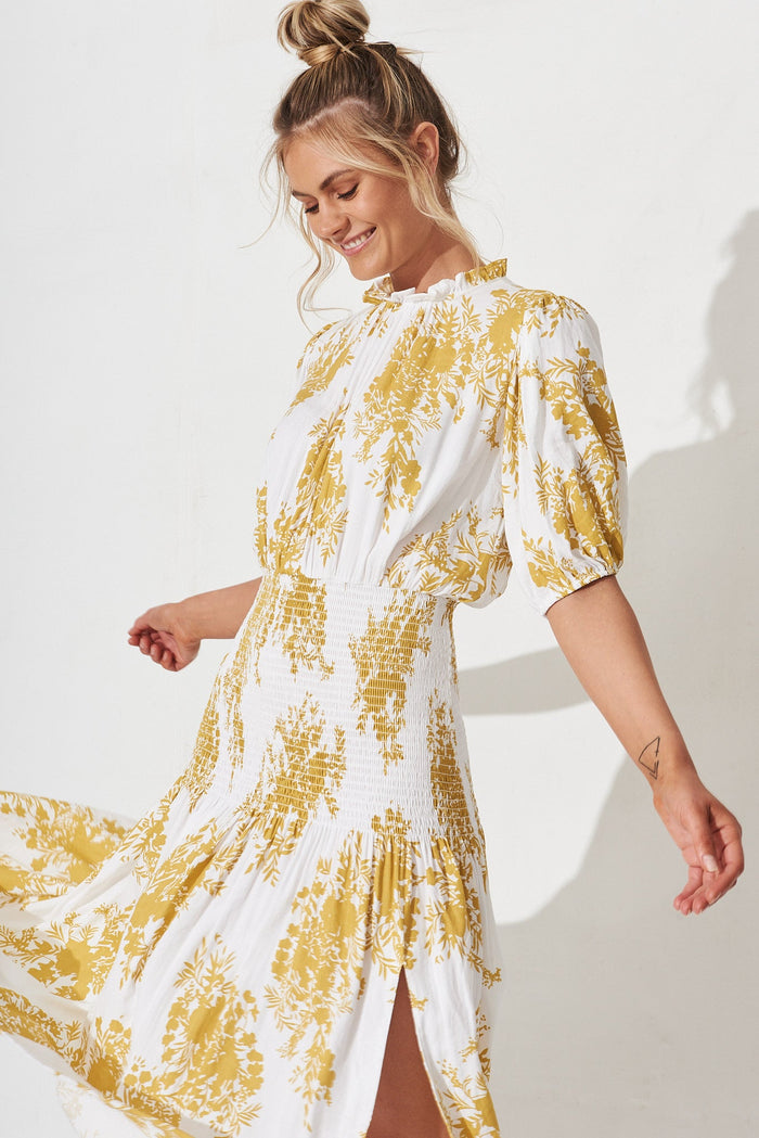 Madona Midi Dress In White With Mustard Floral - front