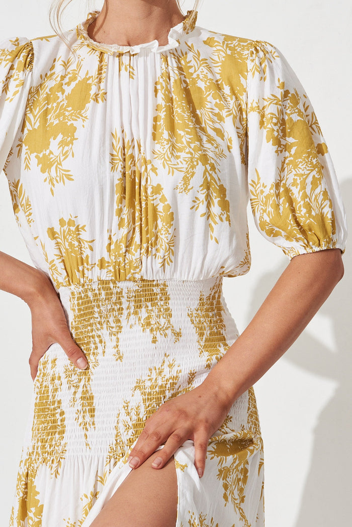 Madona Midi Dress In White With Mustard Floral - detail