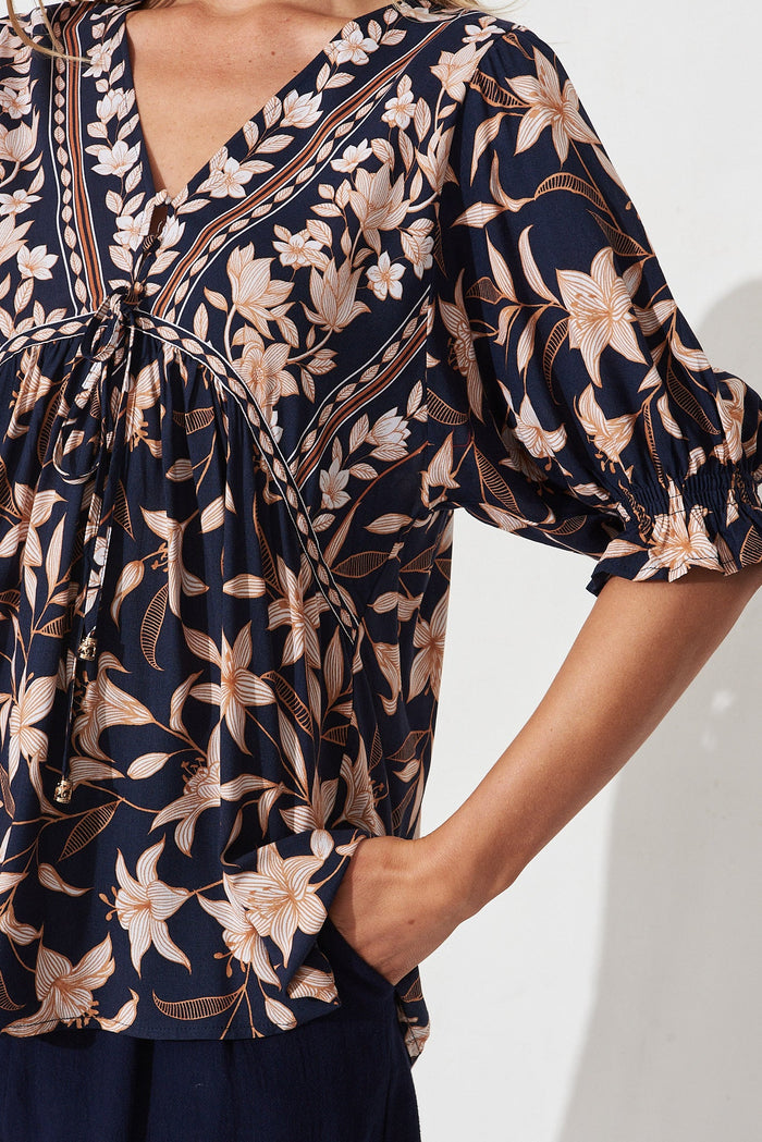 Anila Top In Navy With Blush Boho Floral - St Frock (Dev)