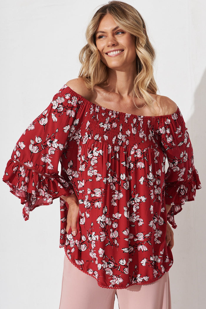 Nicola Top In Red Floral Print - front