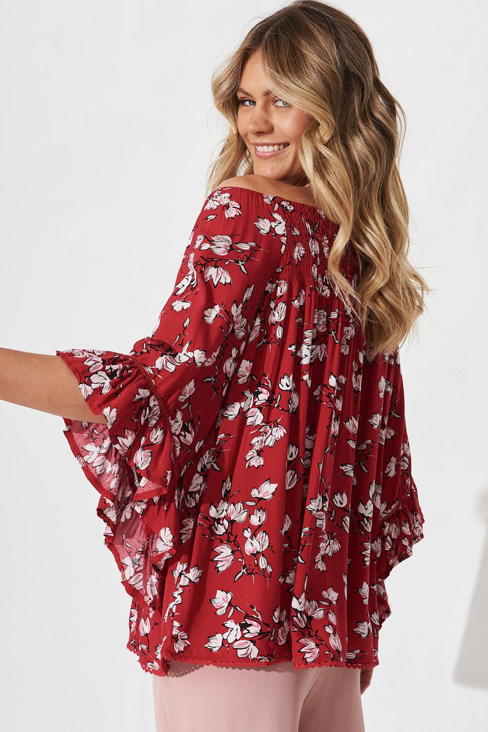 Nicola Top In Red Floral Print - back