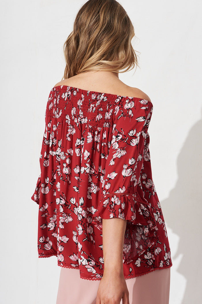 Nicola Top In Red Floral Print - back