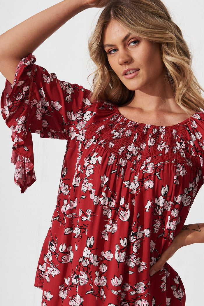 Nicola Top In Red Floral Print - detail