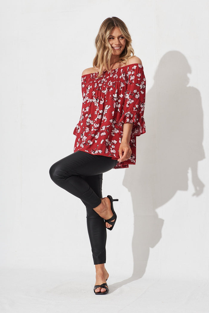 Nicola Top In Red Floral Print - full length