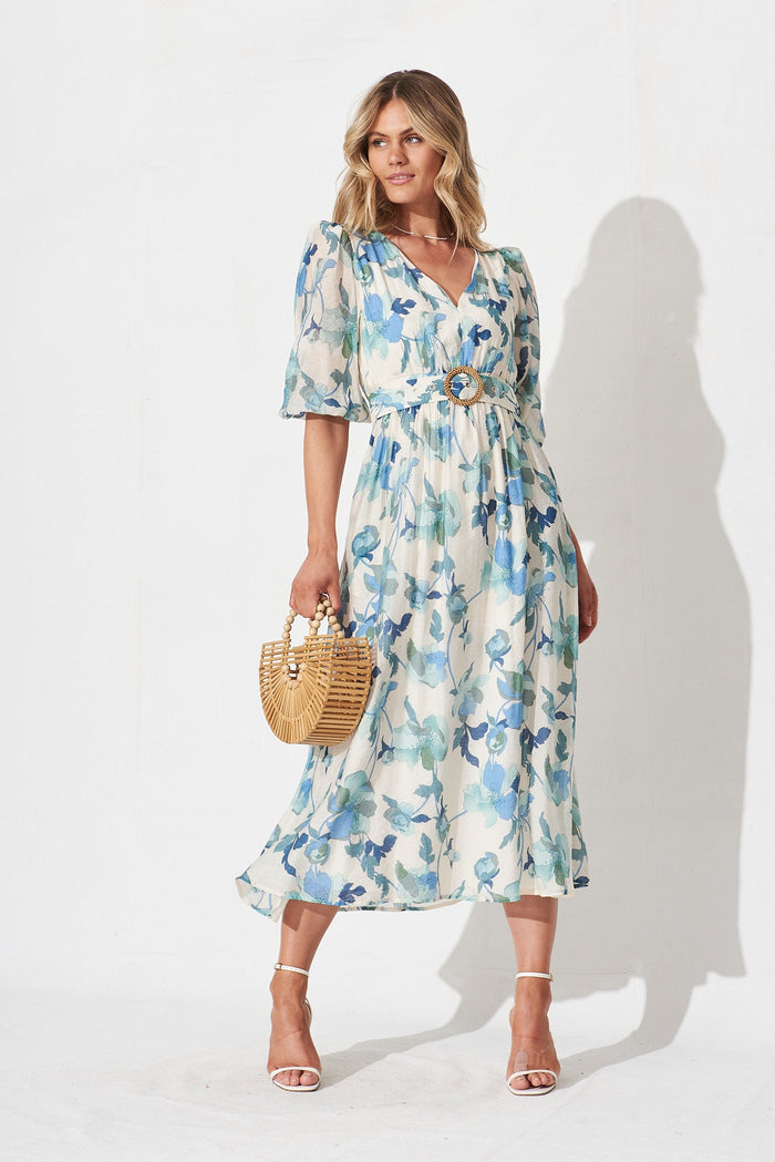 Adrina Maxi Dress In White With Blue Floral - full length