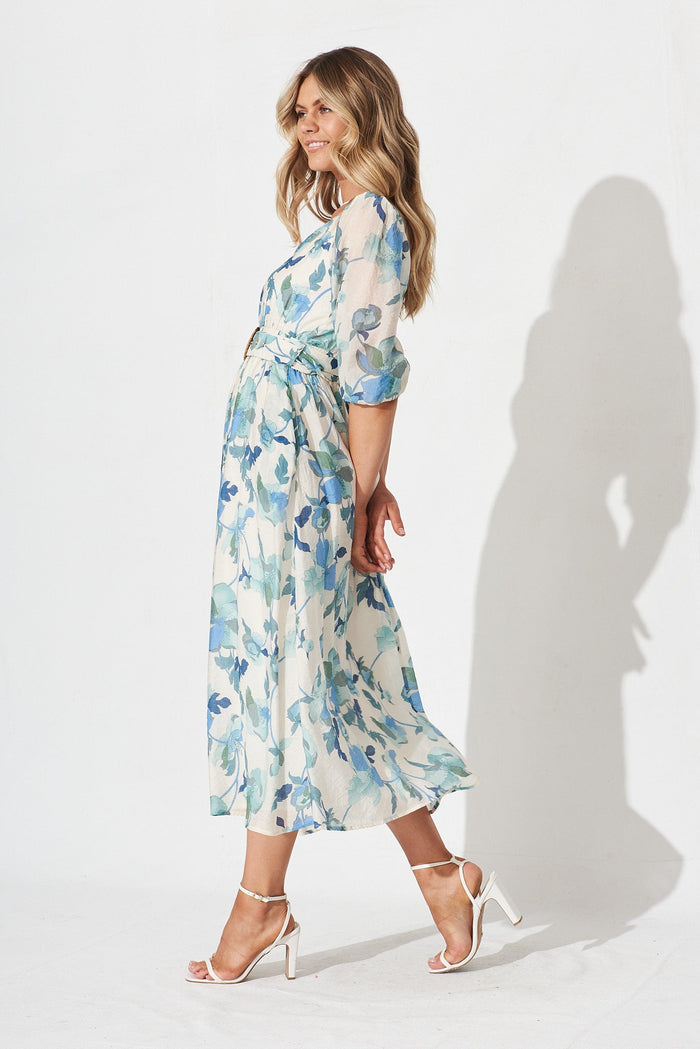 Adrina Maxi Dress In White With Blue Floral - side