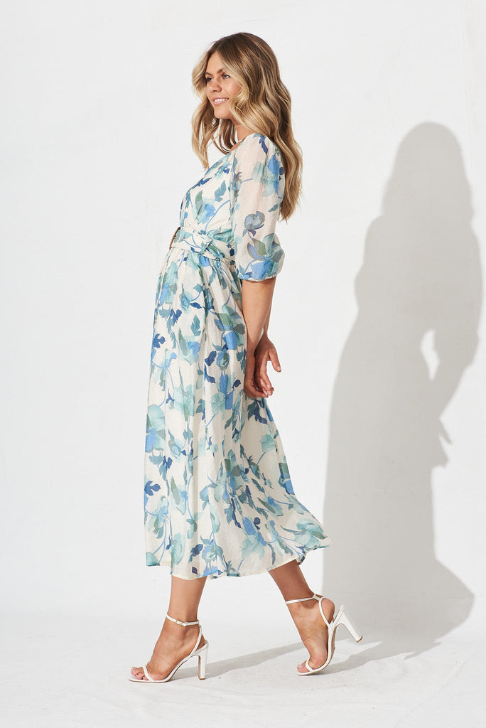 Adrina Maxi Dress In White With Blue Floral - side