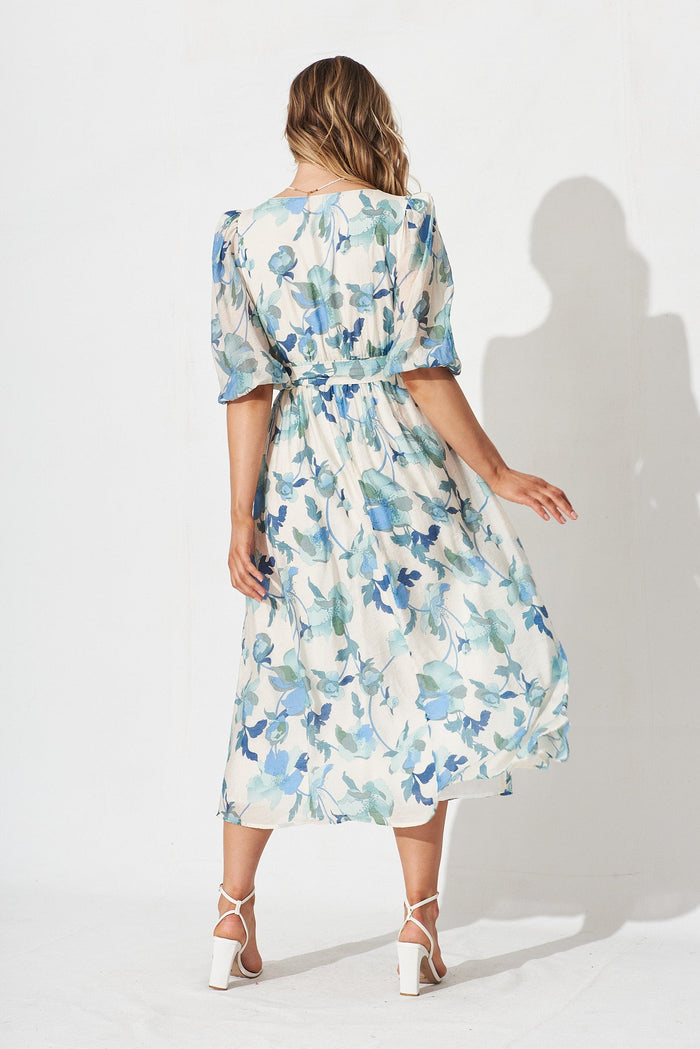 Adrina Maxi Dress In White With Blue Floral - back