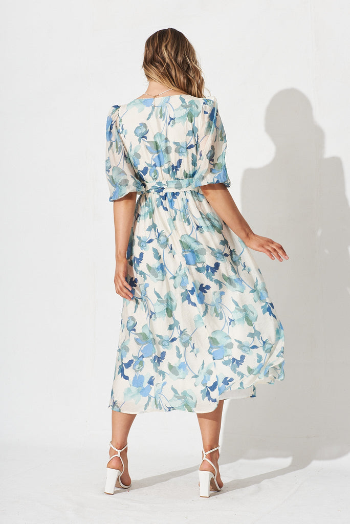 Adrina Maxi Dress In White With Blue Floral - back