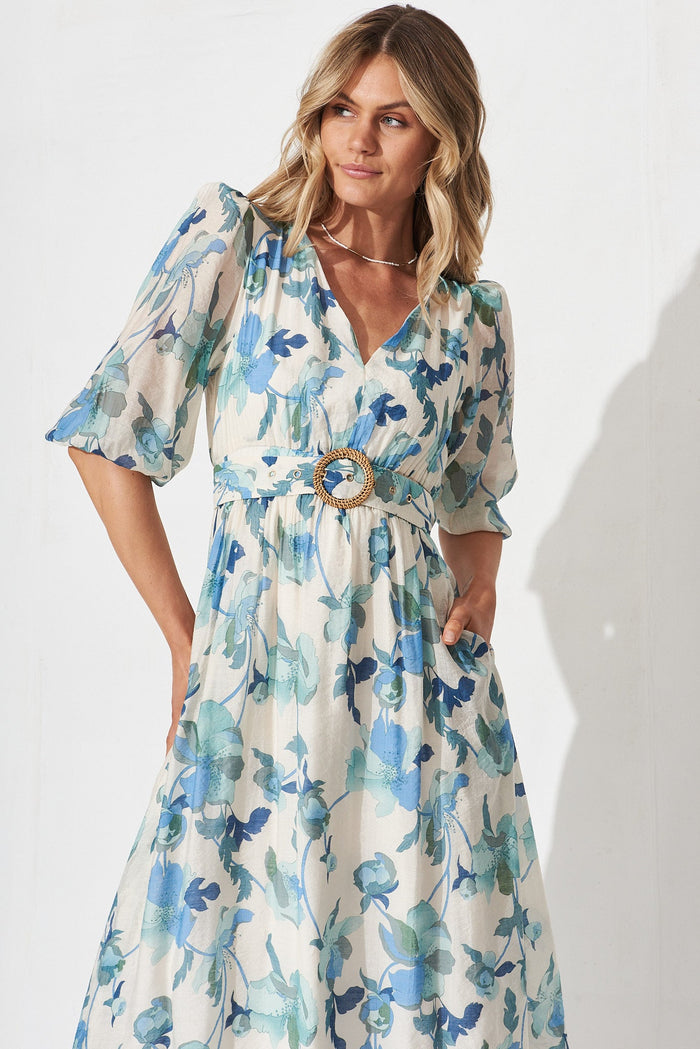 Adrina Maxi Dress In White With Blue Floral - front
