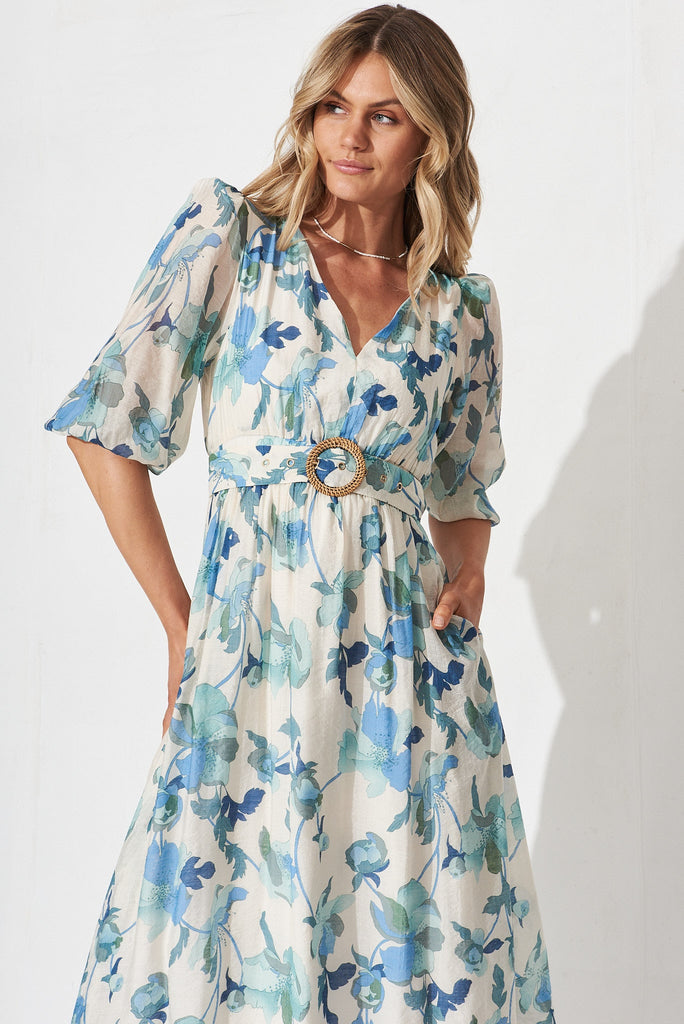 Adrina Maxi Dress In White With Blue Floral - front
