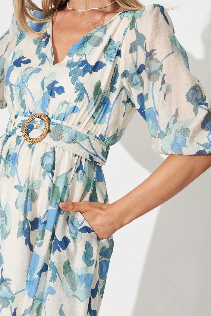 Adrina Maxi Dress In White With Blue Floral - detail