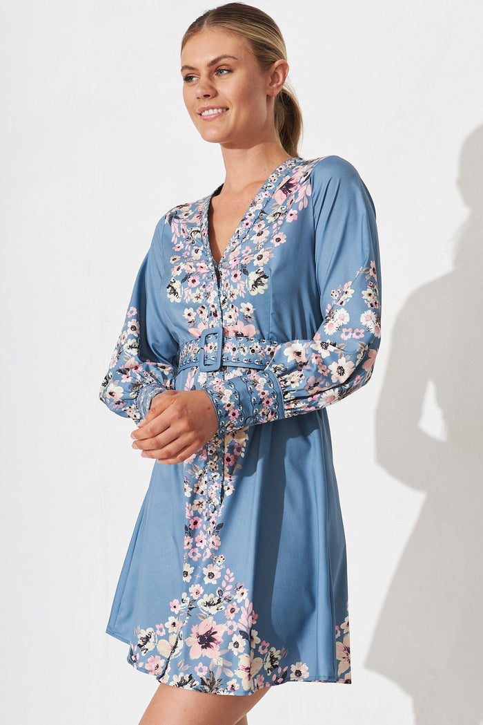 Dorothea Dress In Blue With Pink Floral - front