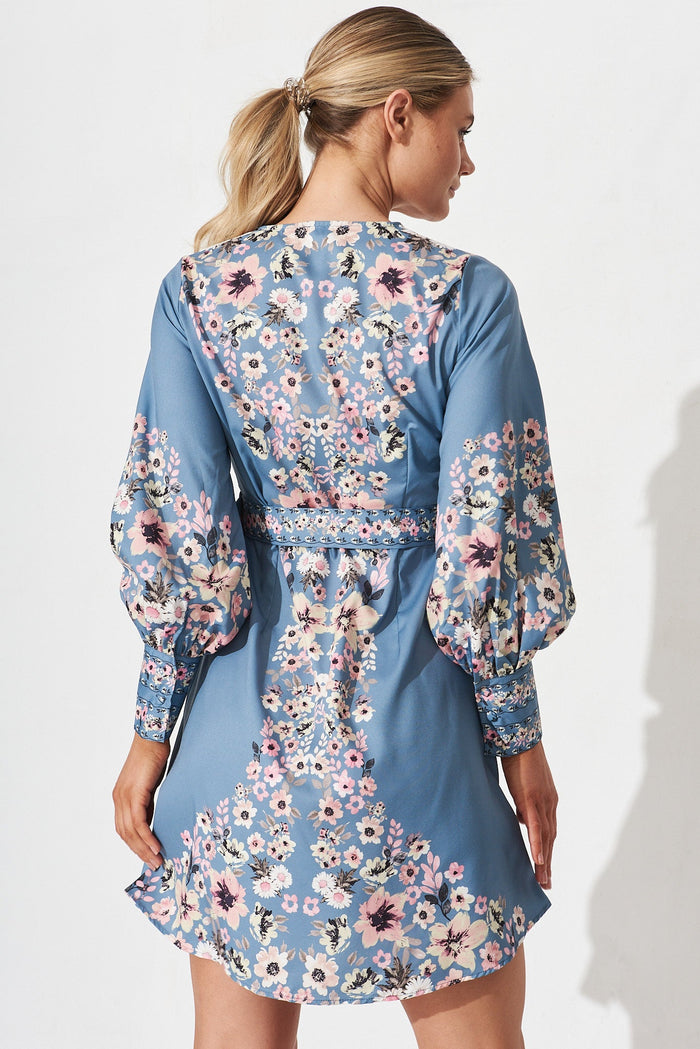 Dorothea Dress In Blue With Pink Floral - back