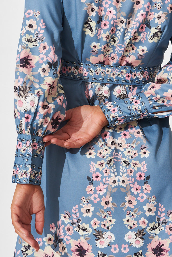 Dorothea Dress In Blue With Pink Floral - detail