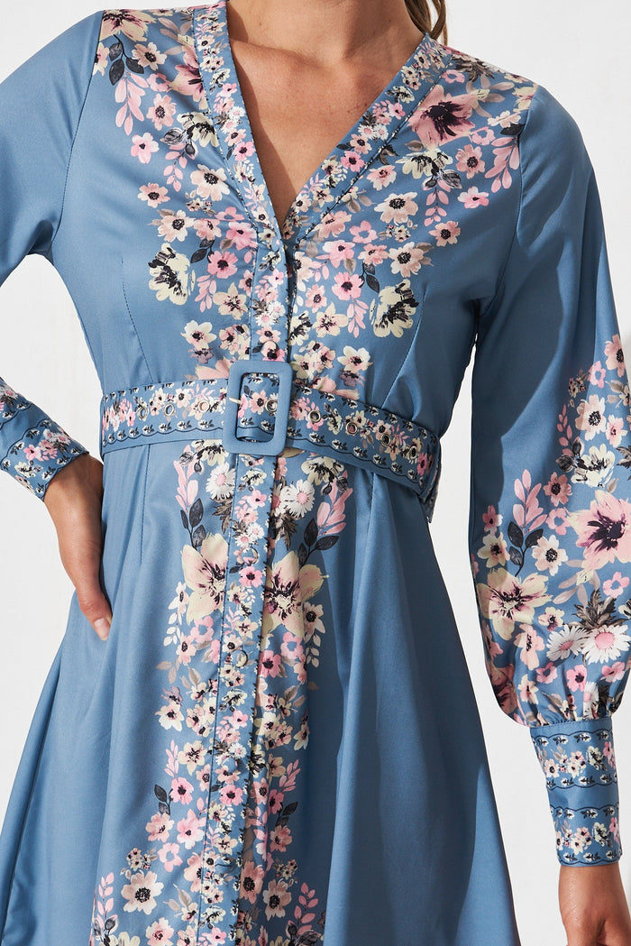 Dorothea Dress In Blue With Pink Floral - detail