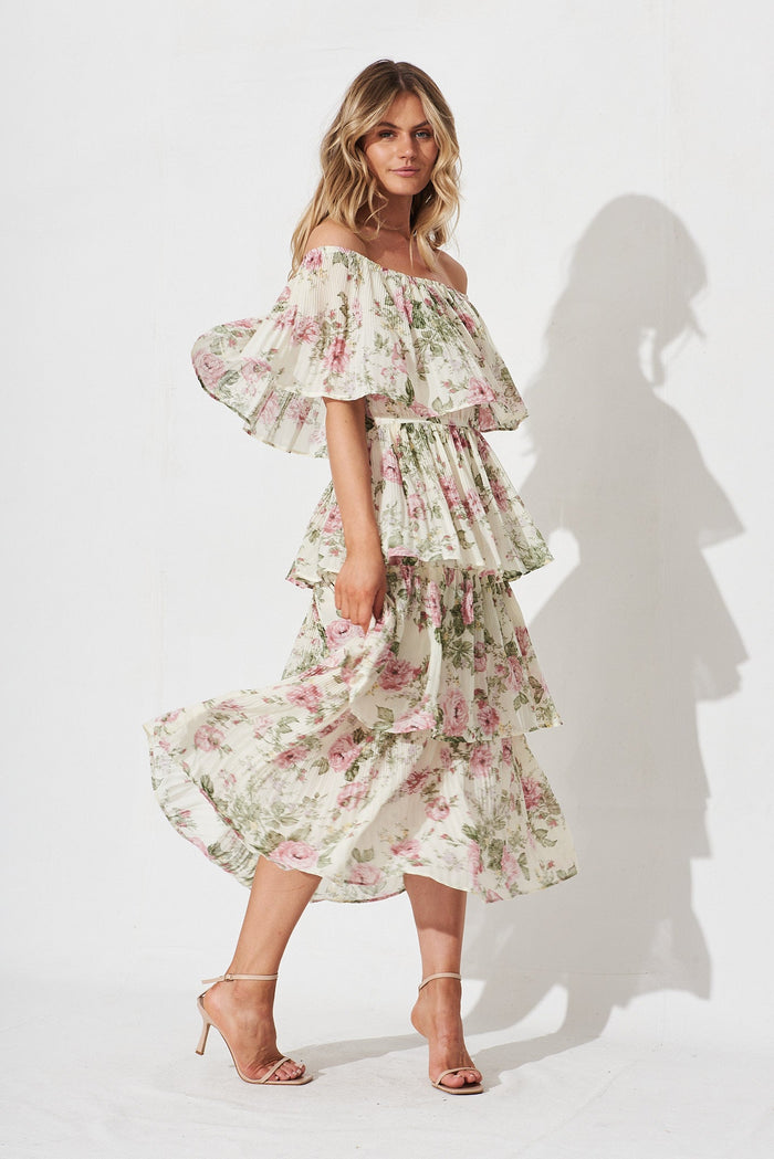 Scarlet Midi Dress In White With Pink Floral Chiffon - full length