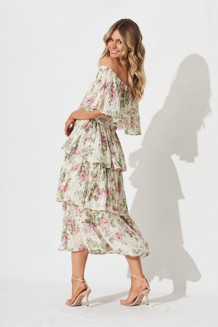 Scarlet Midi Dress In White With Pink Floral Chiffon - side
