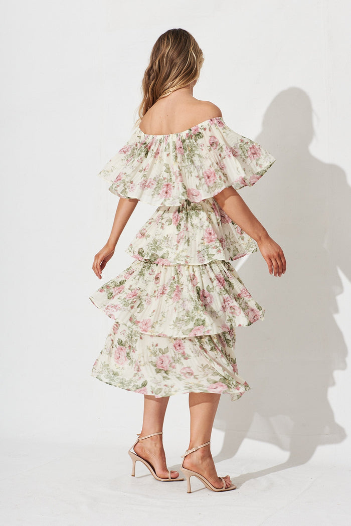 Scarlet Midi Dress In White With Pink Floral Chiffon - back