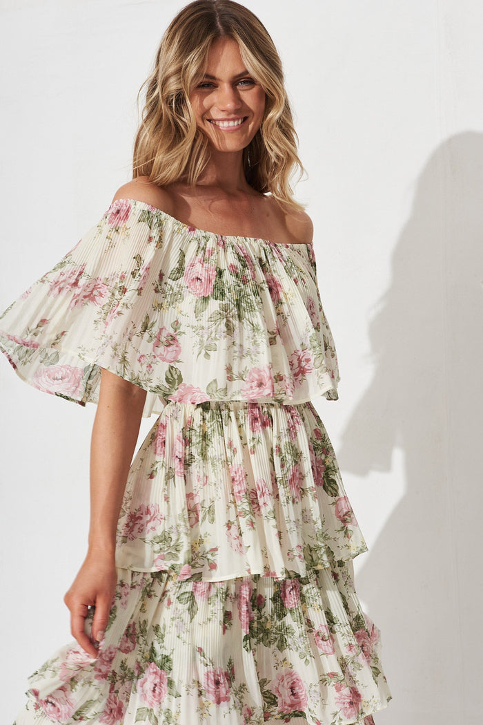 Scarlet Midi Dress In White With Pink Floral Chiffon - front