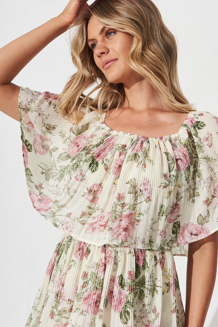  Scarlet Midi Dress In White With Pink Floral Chiffon - detail