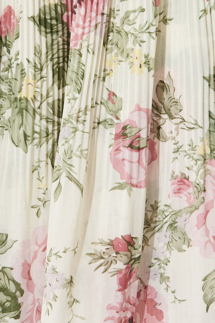 Scarlet Midi Dress In White With Pink Floral Chiffon - fabric