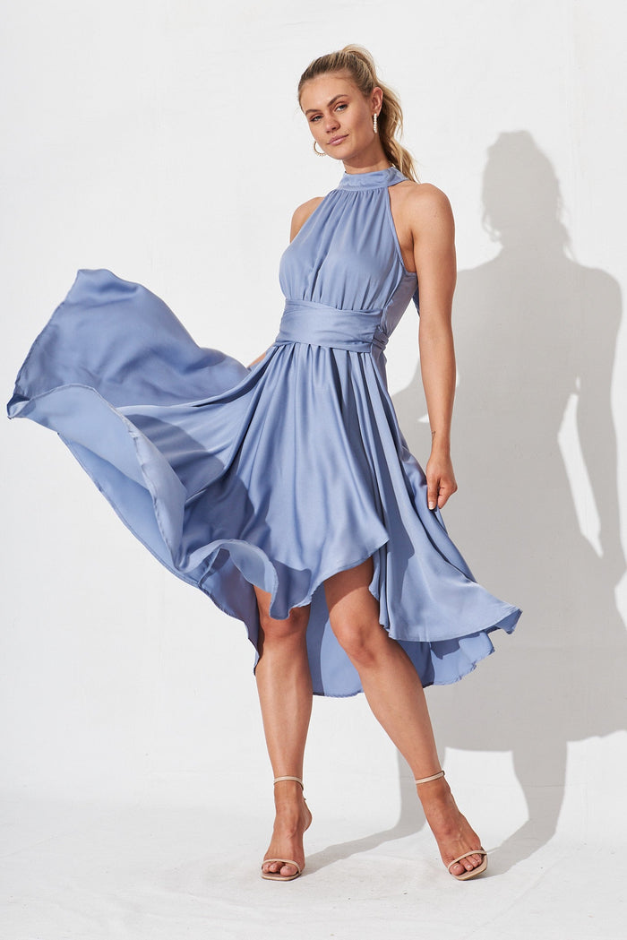 Natalene Midi Dress In Ice Blue Satin - full length