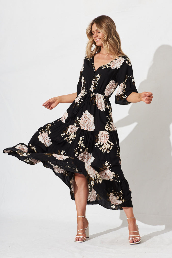 Bettina Maxi Dress In Black With Blush Floral - full length