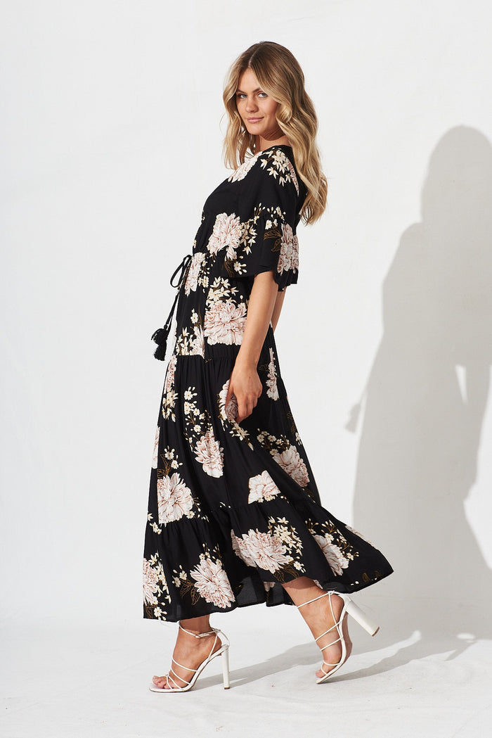 Bettina Maxi Dress In Black With Blush Floral - side