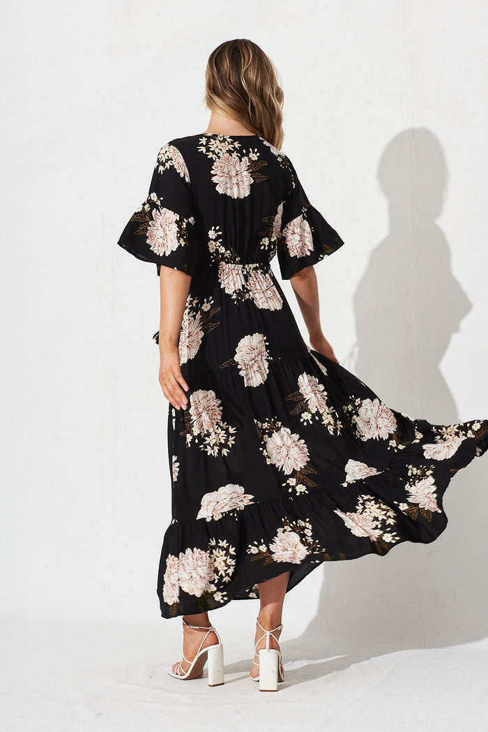 Bettina Maxi Dress In Black With Blush Floral - back