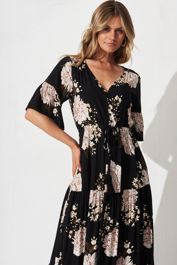 Bettina Maxi Dress In Black With Blush Floral - front
