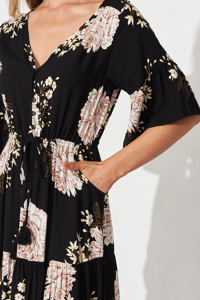 Bettina Maxi Dress In Black With Blush Floral - detail