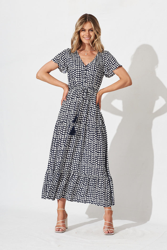Lolana Maxi Dress In Navy With White Spot - full length