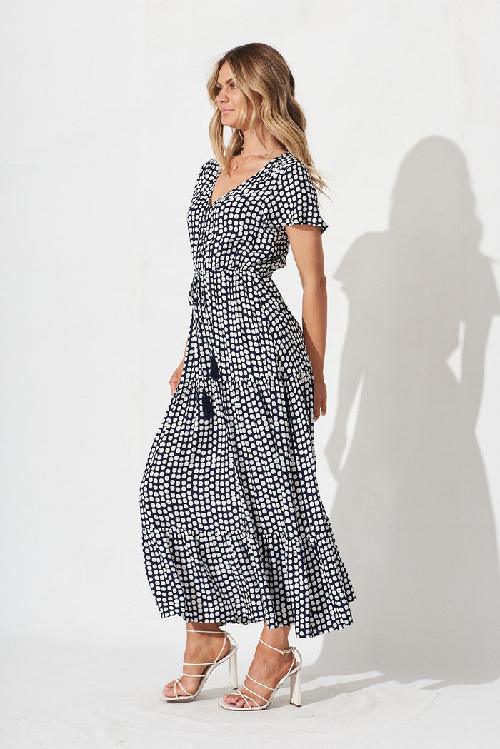 Lolana Maxi Dress In Navy With White Spot - side