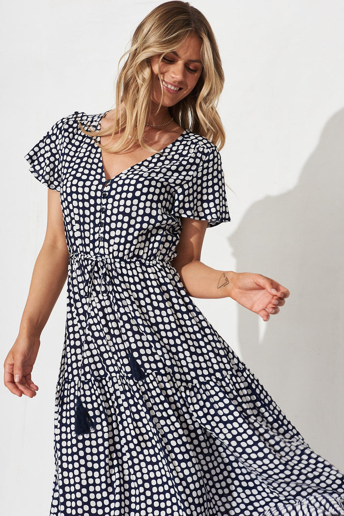 Lolana Maxi Dress In Navy With White Spot - front