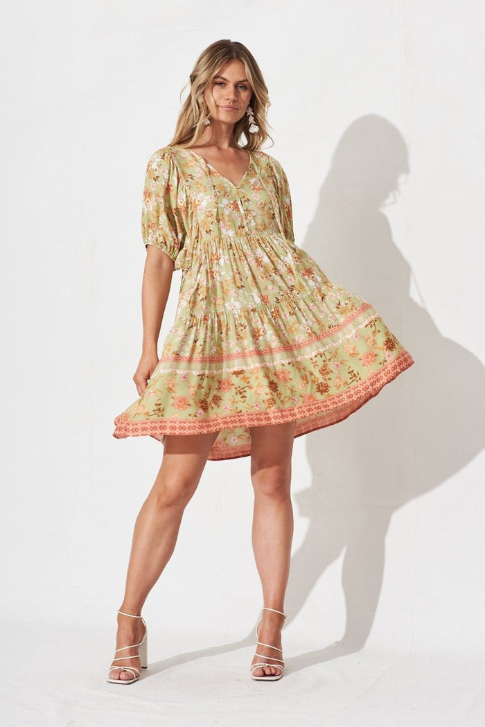 Britta Smock Dress In Green Boho Floral - St Frock (Dev)