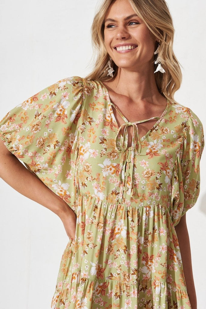 Britta Smock Dress In Green Boho Floral - St Frock (Dev)
