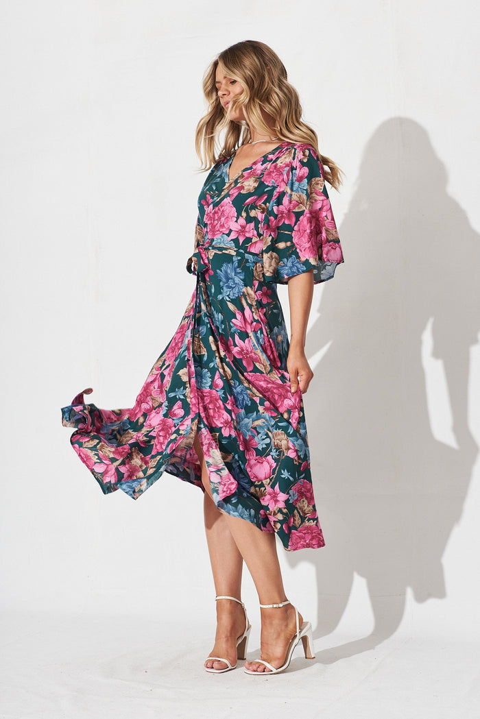 Journee Midi Wrap Dress In Teal With Pink Floral - full length